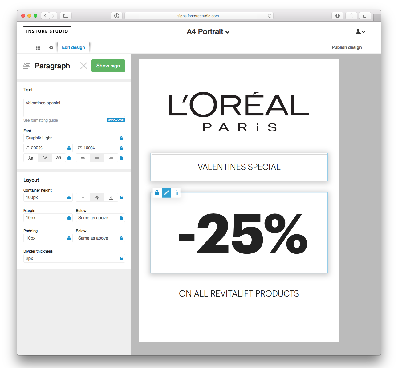 Editing sign text in StorePrint